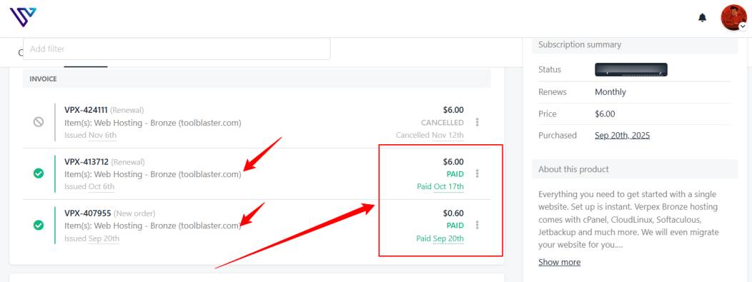 Verpex Hosting Invoice Proof of Purchase