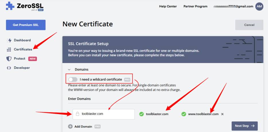 ZeroSSL Dashboard Interface showing certificate management